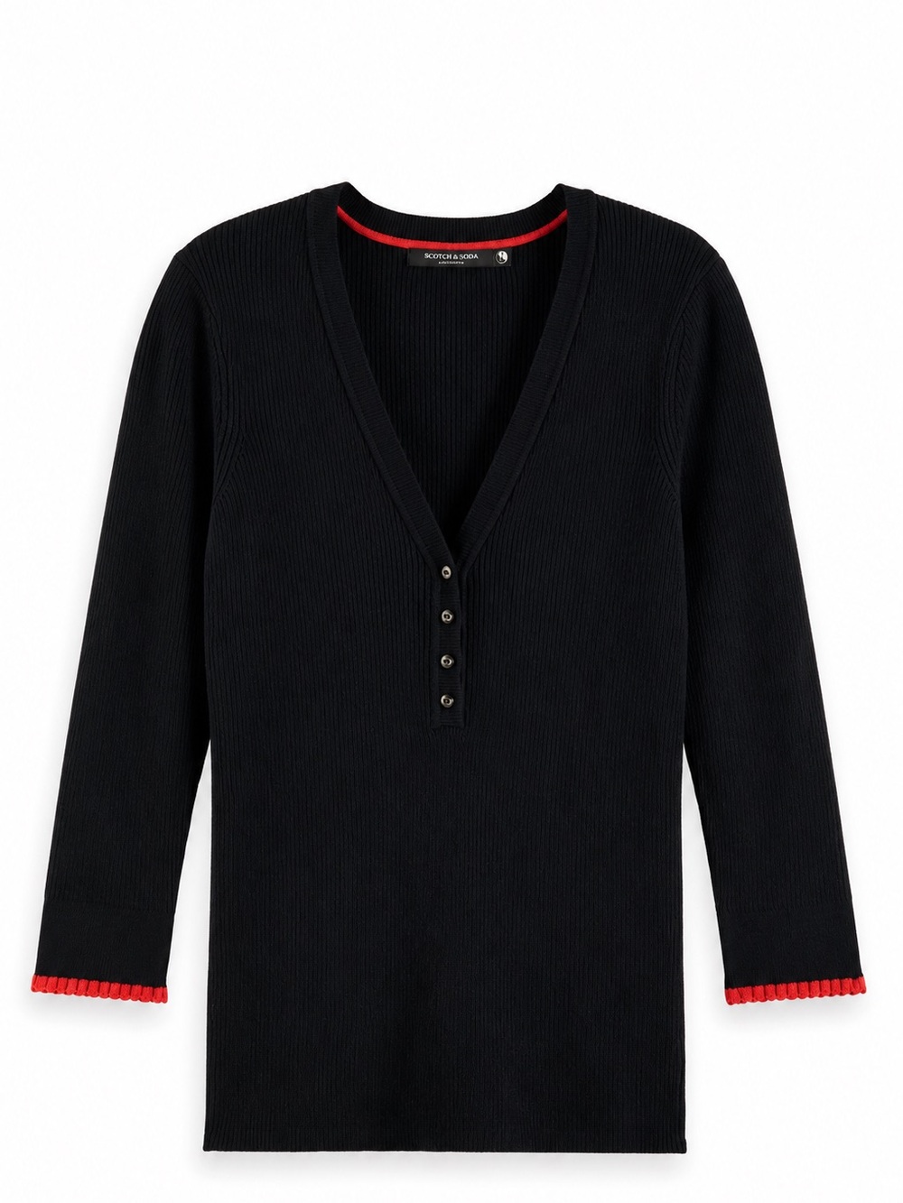 Scotch & Soda Black V-Neck Ribbed Sweater with Red Trim - Picture 2 of 9